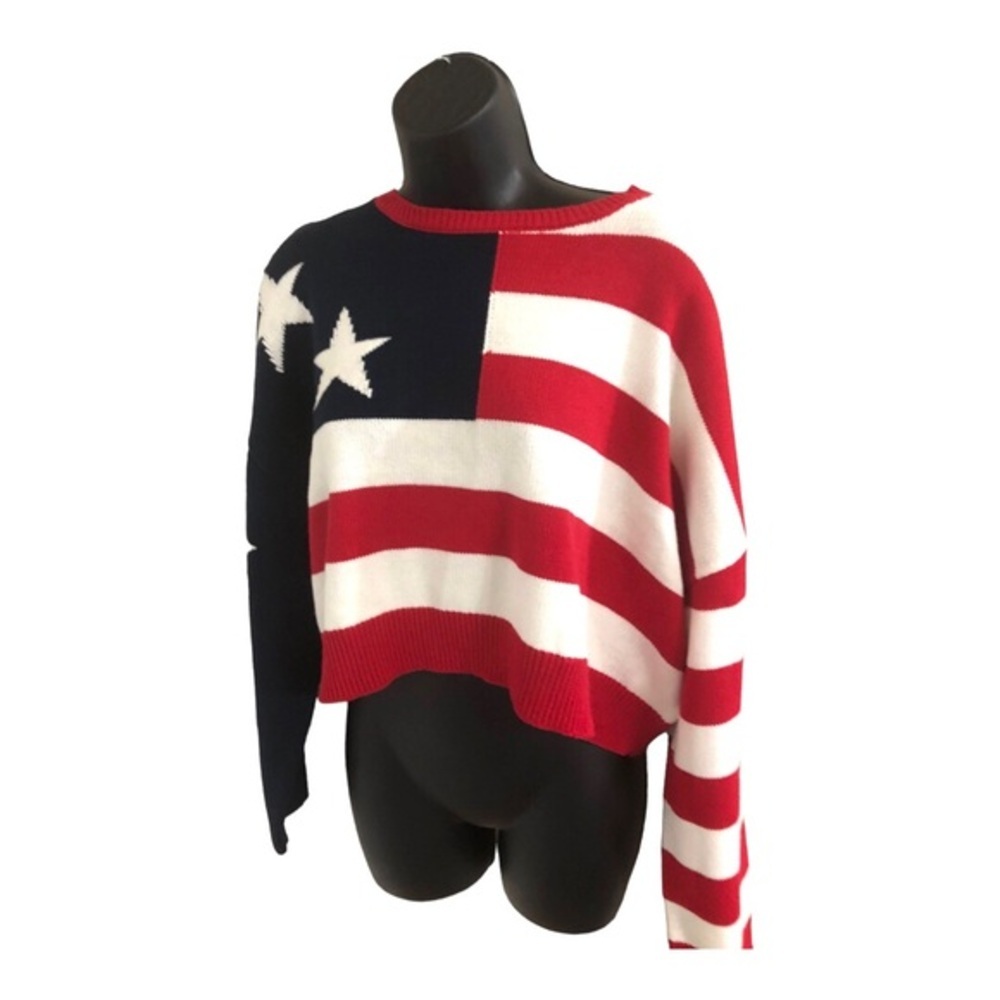 Red White & Blue American flag patriotic knit long sleeve sweater size large new - Picture 4 of 8